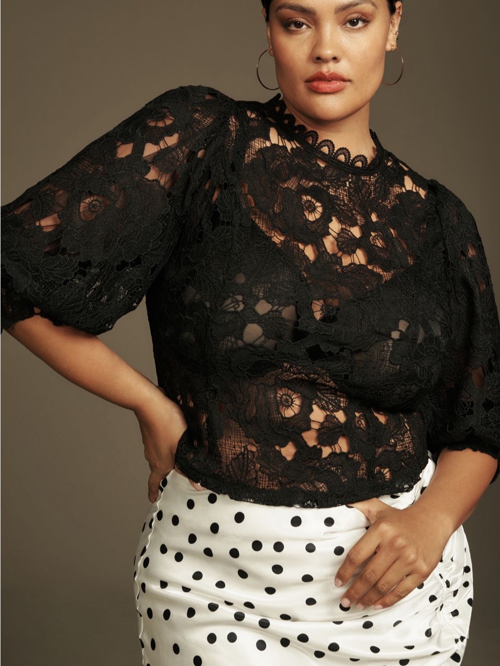Anthropologie Sarah Hann Black Floral Lace Puff-Sleeve Blouse